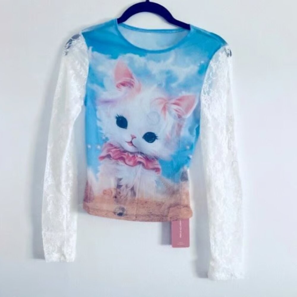 Super Cute Kitty Sheer Mesh Top with Lace Sleeves